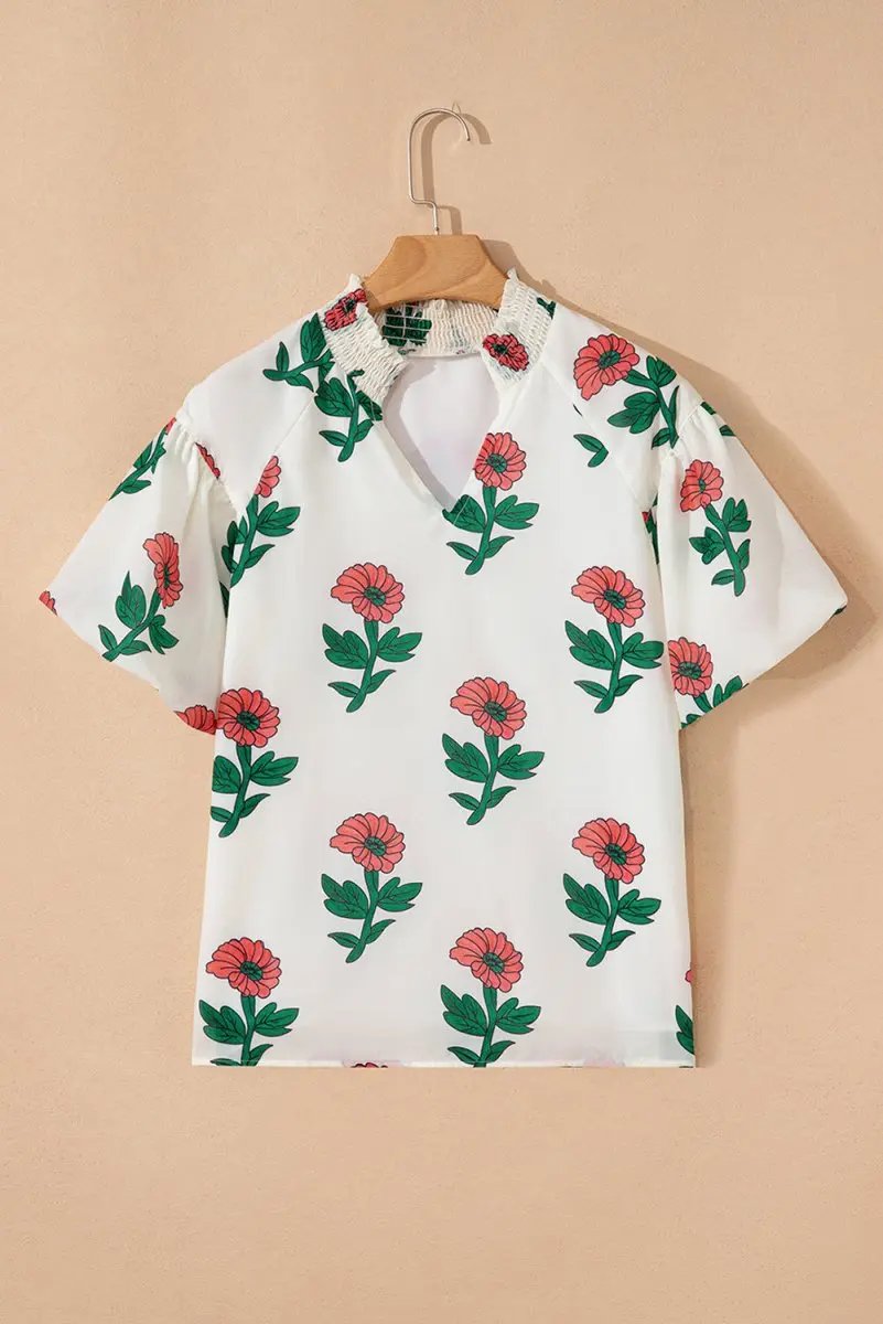 Beige Floral Print Shirred Split Neck Short Sleeve Blouse for Women - Love Salve